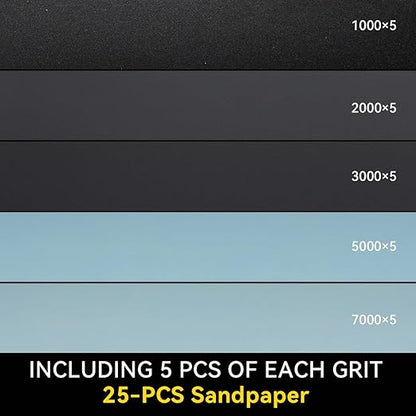 25-Piece Fine Sandpaper Set 1000/2000/3000/5000/7000 Grit Wet Dry Sandpaper Combo 9x3.6 Inches, Suitable for Automotive, Resin Furniture Finishing, Stone Turning Finishing