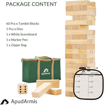 ApudArmis 60 PCS Tumble Tower, (Stack up to 5Ft) Pine Wooden Stacking Timber Game with 1 Dice Set - Classic Block Outdoor Game for Teens Adults Family