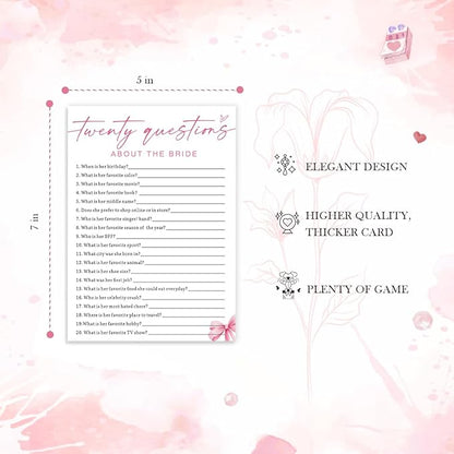Wedding Shower Games Cards, Twenty Questions About The Bride, Bridal Shower Games 25 Guests, Engagement Party Wedding Games for Guests, Pink Ribbon Bow Wedding Party Supplies - E05