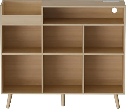 Cozy Castle Large Record Player Stand, Vinyl Storage Cabinet Mid Century Modern Turntable Stand Media Console Table Open Shelf Cube CD Album Holder Organizer for Living Room, Office, Oak