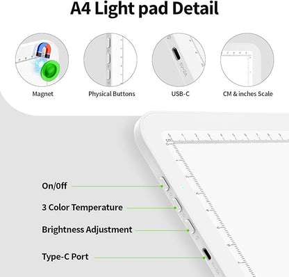 Zocelight Rechargeable A4 Light Board for Diamond Painting,Magnetic Bright Light Box for Tracing,Wireless LED Light pad with Physical Buttons,3 Colors,Dimmable 9000LUX Lightbox for Drawing,Sketching