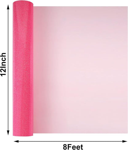 FUNKAKA Glitter Fluorescent Pink HTV Heat Transfer Vinyl Rolls, 12" x 8ft PU Iron on Vinyl for T-Shirts Glitter HTV Vinyl for All Cutter Machines Easy to Cut & Weed for DIY Design