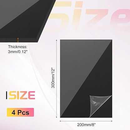 uxcell 4Pcs Acrylic Sheets 12x8 Inch Acrylic Panel 1/8 Inch-3mm Plastic Board for Picture Frames Sign Holders DIY Display Projects Craft, Clear Black