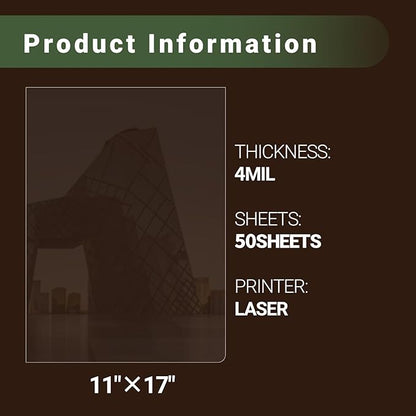 11x17 Laser Transparency Film,50 Sheets Overhead Projector Film for Laser Jet Printer,Acetate Sheets Color Transparent Paper for OHP Copier Photo Transparent Film