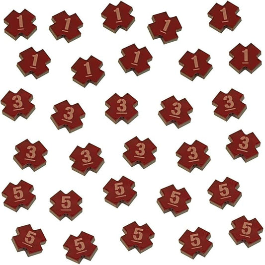 LITKO Wound Token Set Numbered 1, 3, and 5, Compatible with Warhammer: Kill Team 2nd Edition, Translucent Red (30)