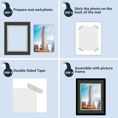 Mat Board Center, Double Mat - Acid Free, 8-ply Thickness, White Core - for Pictures, Photos, Framing (Black Over Gold, 11x14 for 8.5x11, Pack of 5)