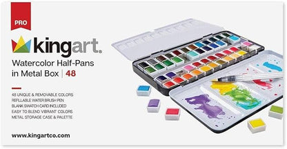 KINGART PRO Artist, Tin Box with Water Brush Watercolor Half-Pans, 48 Vibrant Colors Piece