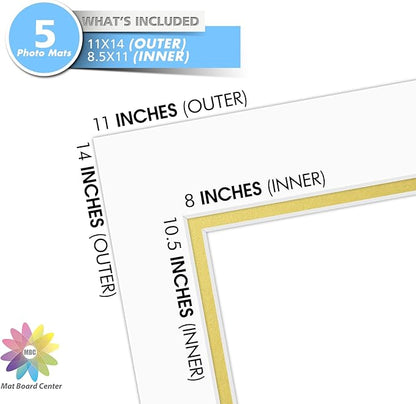 Mat Board Center, Double Mat - Acid Free, 8-ply Thickness, White Core - for Pictures, Photos, Framing (Off White Over Gold, 11x14 for 8.5x11, Pack of 5)
