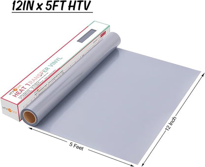 HTVRONT HTV Heat Transfer Vinyl Rolls - 12" x 5ft Silver for Shirts, Iron on for All Cutter Machine - Easy to Cut & Weed for Heat Design (Silver)