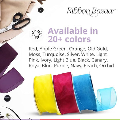 Ribbon Bazaar Sheer Organza Wired Ribbon - 100% Polyester Wire Edged Ribbon for Floral Decor, Table Arrangements, Apparel Embellishment & More - 1-1/2" Red 25yd