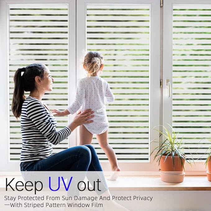 Qualsen Privacy Window Film, Frosted Windows Privacy Film, Frosting Cling for Glass, Anti-UV Reeded Blinds Sticker for Home Office Meeting Room, Stripe Patterns, 23.6x118inch