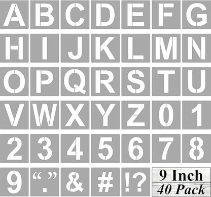 Alphabet Letter and Number Stencils 9 Inch - 40 Pack Large Letters and Numbers Stencil Templates with Signs for Painting on Wood, Reusable Letter Stencils for Chalkboard Signs & Wood Wall Art