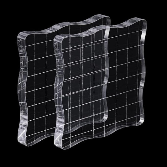 2Pcs Clear Stamp Blocks Set, 3 x 3 Inch Wave-Like Acrylic Blocks for Stamping With Grid Lines - Scrapbooking Crafts Tools