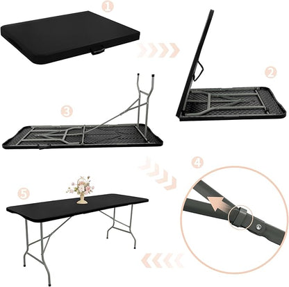 Set of 2 Folding Table 6 FT Lightweight Camping Table Portable Plastic Rectangular Outdoor Dining Table Steel Legs Fold-in-Half with Carrying Handle for Indoor,Picnic,Party,Wedding,Events(Black)