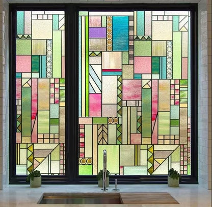 3D Stained Glass Window Privacy Film, Heat Control UV Blocking Static Cling Decorative Window Film for Bathroom,Front Door,Home Non Adhesive,Colorblock 35.4 x 78.7 inches