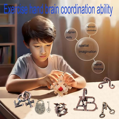 Arlai 12 pcs Wooden Brain Teaser Puzzle and Metal 3D Unlock Interlocking Jigsaw Educational Toy for Kids and Adults Brain Games Durable Easy to Assemble Birthday Gifts Educational Toys