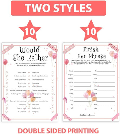 Birthday Party Games Set for Girls, Funny Girls Party Game, Girl Birthday‘s Supplies, Activity, Decorations, Includes Who Knows the Birthday Girl Best, Scattergories, 20 Double Sided Games Cards