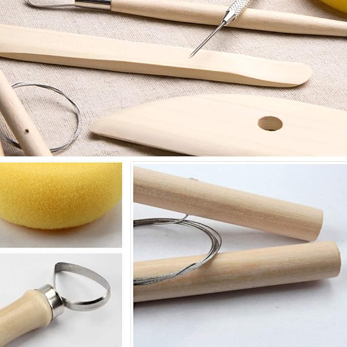 8 Pieces Wooden Pottery Sculpting Clay Cleaning Tool Set, Includes Clay Cutting, Modeling, Trimming Tools, for Beginner Level Pottery and Smoothing, Cleaning, Carving, Shaping and Sculpting