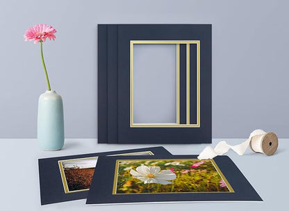 Golden State Art, 11x14 Double Mats for 8x10 - for Photos, Pictures, Frames - Acid-Free, 5 Pack, Dignity Blue Over Old Gold