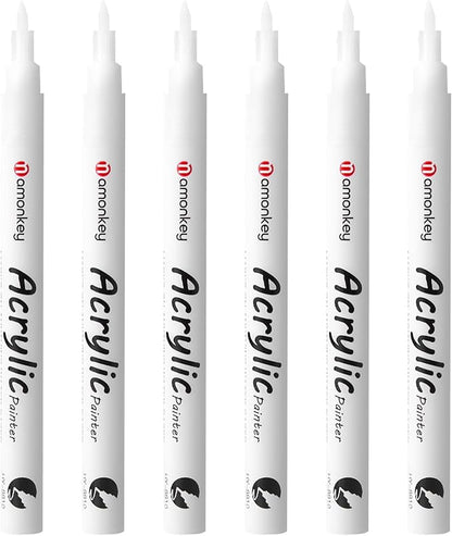 White Paint Marker Pens 6 Pack 0.7mm Extra Fine Tip, Permanent Acrylic Ink for Rock, Wood, Metal, Glass, Ceramic, Plastic, Canvas, Pens for DIY Crafts, Art & Fine Detailing