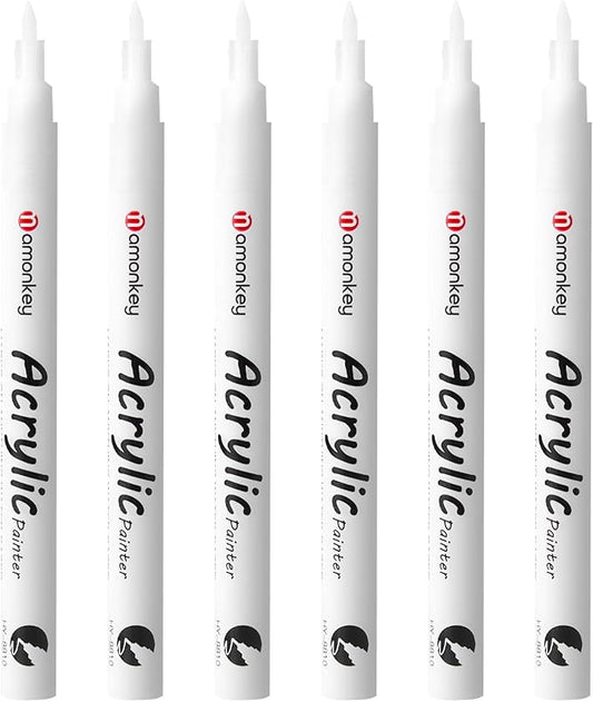 White Paint Marker Pens 6 Pack 0.7mm Extra Fine Tip, Permanent Acrylic Ink for Rock, Wood, Metal, Glass, Ceramic, Plastic, Canvas, Pens for DIY Crafts, Art & Fine Detailing
