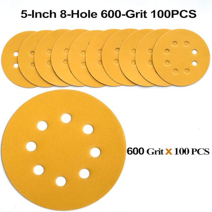 5-Inch 8-Hole Hook and Loop Sanding Discs 600-Grit Random Orbit Sandpaper, 100-Pack