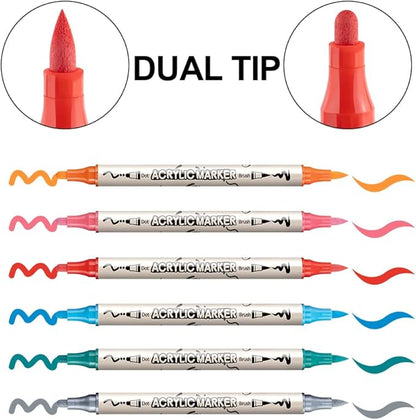 TRANSON 12 Colors Bold and Brush Dual-tip Acrylic Paint Marker Pen Set for Canvas Rock Wood Leather Ceramic DIY Painting