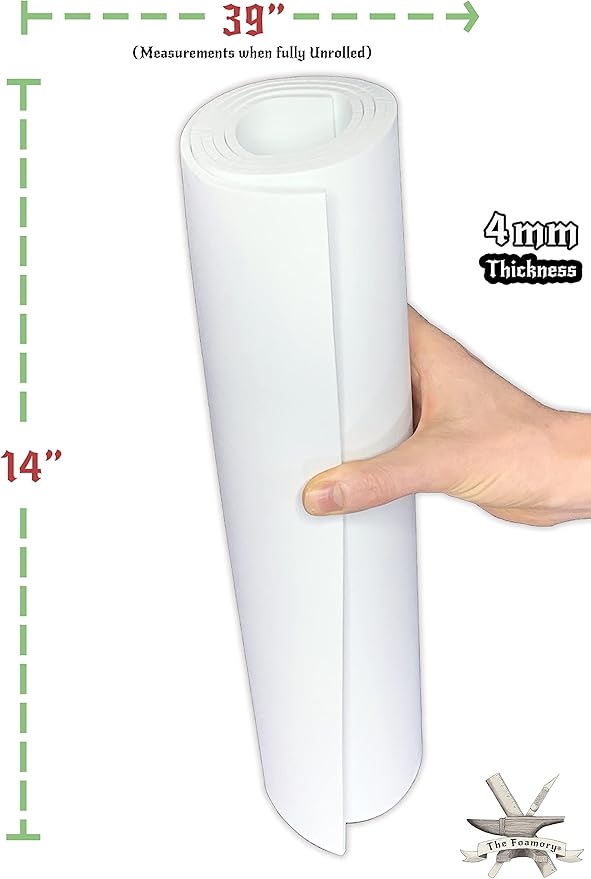 Shape Retention EVA Cosplay Foam 4mm (1mm-10mm) 14x39 inch White or Black High Density EVA Foam Sheets. Premium 85 kg/m3 Heat Shape Material for DIY Convention or Halloween Costumes by The Foamory