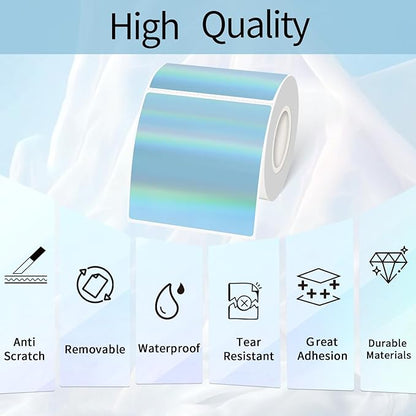 Holographic Square Thermal Labels Stickers 3" x 3", Square Direct Thermal Stickers Labels, Glitter Self-Adhesive Thermals Label for Small Business- Holographic Blue