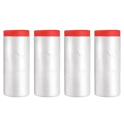 uxcell Pre-Taped Masking Film, 3.6ft x 66ft High-Tack Painters Tape Plastic Drop Cloth with High-Tack Painters Tape for Painting Protection Red 4Pcs