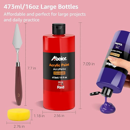 ABEIER Large Bulk Acrylic Paint Set, 15 Colors (473 ml/16 fl oz), Matte Finish, Rich Pigments, Non-Toxic Paints for Painting on Canvas Crafts Wood Ceramic, Ideal for Beginners and Students