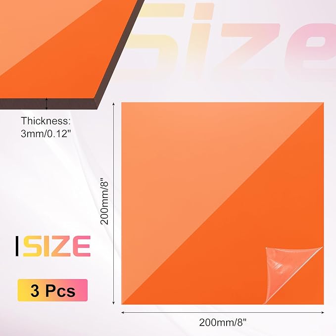 uxcell 3Pcs Acrylic Sheets 8x8 Inch Acrylic Panel 1/8 Inch-3mm Plastic Board for Picture Frames Sign Holders DIY Display Projects Craft, Clear Orange