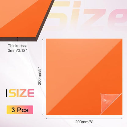 uxcell 3Pcs Acrylic Sheets 8x8 Inch Acrylic Panel 1/8 Inch-3mm Plastic Board for Picture Frames Sign Holders DIY Display Projects Craft, Clear Orange