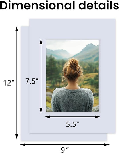 Falling in Art 5 Pack Acid Free 9x12'' White Picture Mats Board Show Kit for 6x8'' Photos, 4-Ply Beveled Pre-Cut Photo Mats with Backing Board for Frames, Artwork and Prints