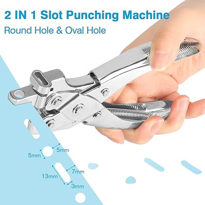 2 in 1 Badge Slot Hole Punch for ID Cards, Heavy Duty Hand Punch Metal Hole Puncher for PVC Material, Business Cards, Paper and Cardstock (5mm Round Hole &13mm X 3mm Slot Hole, Silver)