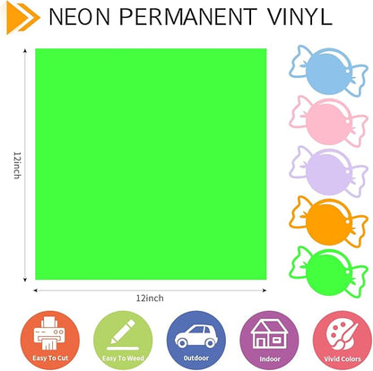 GIRAFVINYL Neon Permanent Vinyl 5 Sheets - 12”x12” Easy to Weed Bright Color Neon Permanent Adhesive Vinyl for Mugs, Sign, Banner,
