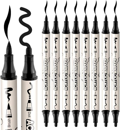 TRANSON 8 Pack Black Brush and Bold Dual-tip Acrylic Paint Marker for DIY Glass Canvas Wood Leather Ceramic Rock Painting