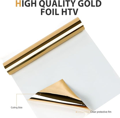HTVRONT Gold Chrome Heat Transfer Vinyl - 12" X5ft Mirror Metallic Gold Iron on Vinyl, Metallic Foil HTV Vinyl Roll for T-Shirts, Chrome HTV Easy to Cut & Weed