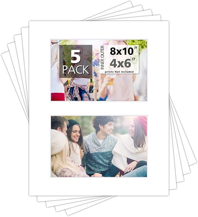 Mat Board Center, Pack of 5, Photo Picture Mats - Acid Free, 4-ply Thickness, White Core - for Pictures, Photos, Framing (8x10 for 2-4x6 White)