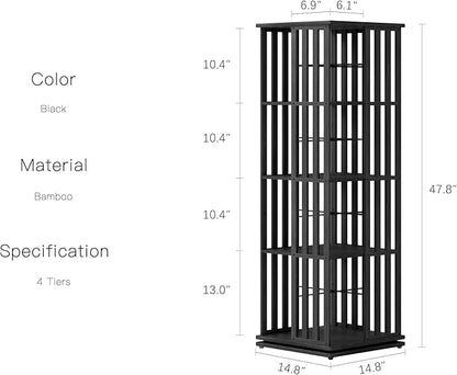 YOWOS Rotating Bookshelf Tower, 360 Display Spinning Bookcase, Bamboo Bookshelf Floor Standing Storage Rack, Wood Narrow Book Shelf Organizer for Kids&Adults (Black, 4 Tier)