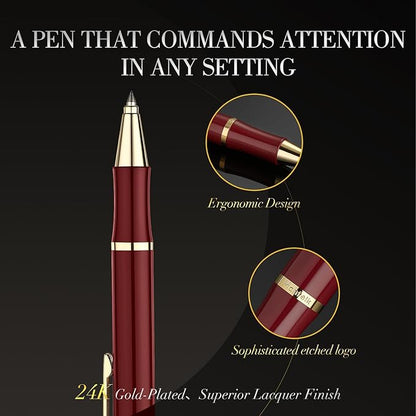 Red Gel Pen With 24K Gold Finish, Fine lacquer work, Fancy Men's And Women's Gift Set, Professional, ADMOK Black Refill, Smooth Writing, Executive, Commercial, Click, Nice Retractable Pens