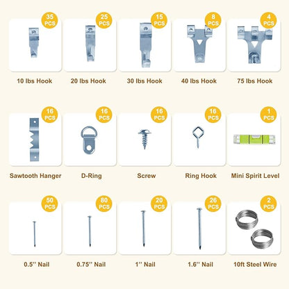 330pc Picture Hanging Kit - Wall Hangers, Nails, Wire, Screw Eyes, D Rings & Tool for Frame & Canvas Mounting