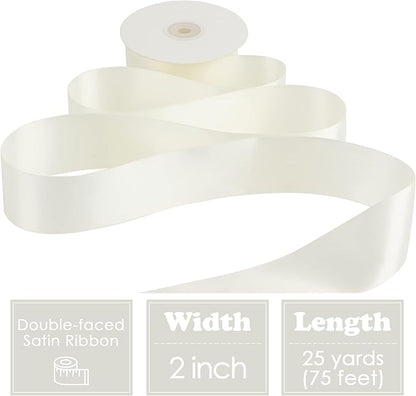 HUIHUANG White Ribbon 2 inch Wide Antique White Double-Faced Satin Ribbon for Flower Arrangements Supplies Wedding Bridal Shower Decor Invitations Crafts Bows Gift Wrapping, Basket - 25 Yards/Roll
