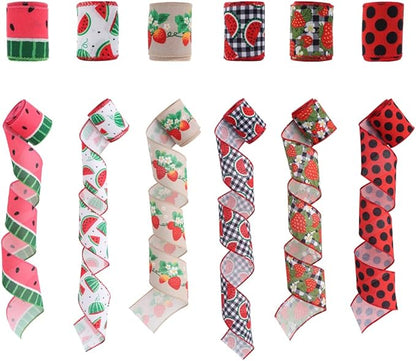 2.5" Watermelon and Strawberry Ribbon,Summer Craft Wire Edged Ribbon,Checks,Polka Dots,Watermelon Slices,Strawberries and Flowers Faux Linen Ribbons for Floral Arrangements, Packages and Home Decor.