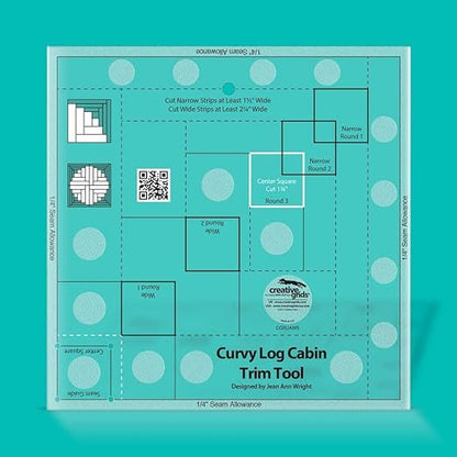 Creative Grids Curvy Log Cabin Trim Tool Quilt Ruler – CGRJAW5 – Made in USA, 8-1/2in x 8-1/2in, Non-Slip Grip Acrylic Quilting, Sewing, Crafting, Patchwork Ruler & Template