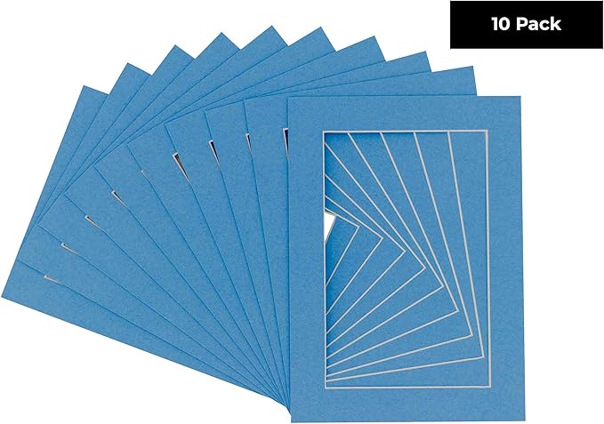 Pack of Ten Acid Free 8x10 Mats Bevel Cut for 5.5x8.5 Photos - Bay Blue Precut Matboards With Backing Boards and Self Seal Photo Mat Bags For Pictures, Photos, Framing - 4-ply Thickness