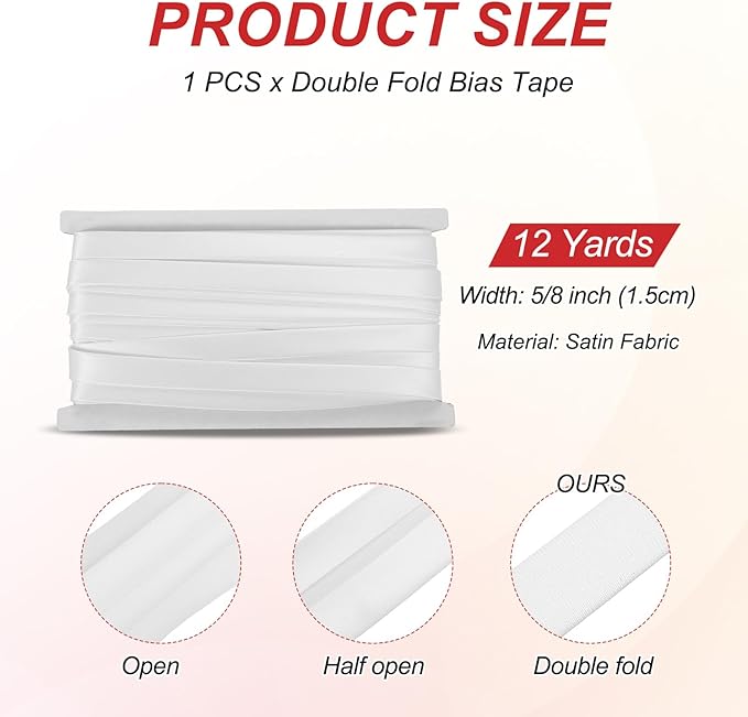 MECCANIXITY Double Fold Bias Tape for Sewing 5/8 Inch x 12 Yards Satin Pre-fold Continuous Binding Tape for Seaming Quilting Hemming Binding DIY Crafts, White
