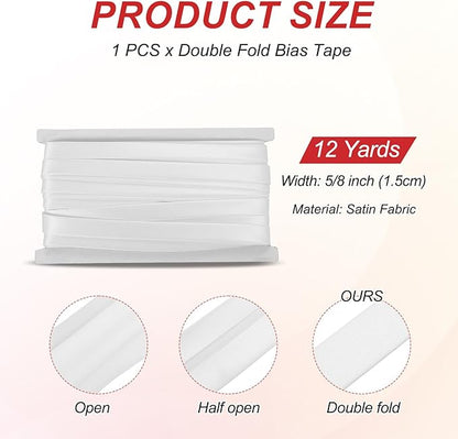 MECCANIXITY Double Fold Bias Tape for Sewing 5/8 Inch x 12 Yards Satin Pre-fold Continuous Binding Tape for Seaming Quilting Hemming Binding DIY Crafts, White