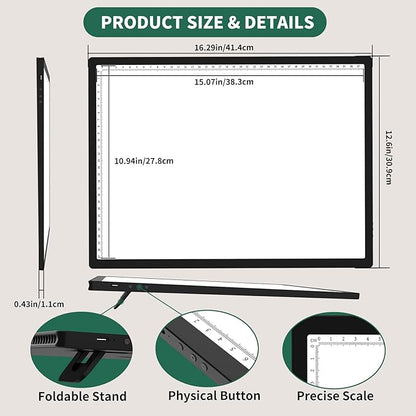 HIUKCOLED A3 Built-in Tilt Stand Light Tracing Box with Carry Bag, 3 Colors/Stepless Dimmable/6-level Brightness Adjustable, Battery Powered LED Light Board for Drawing,Diamond Painting,Sketching