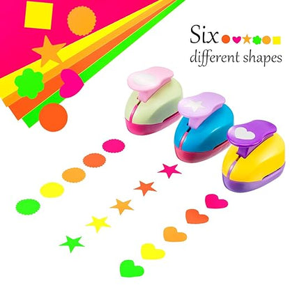 CHENGU 16 Pcs Craft Holes Punch Paper Punchers Scrapbook Punches with Craft Sticker Paper, Round, Star, Square, Heart, Flower, Wave Circle Shape(1 Inch,Multiple Styles)